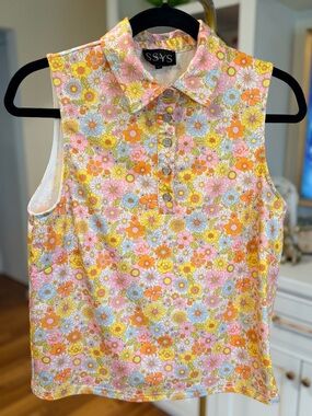 SSYS Daisy Floral Sleeveless Polo Athleisure Tank Top - Pink/Orange/Yellow